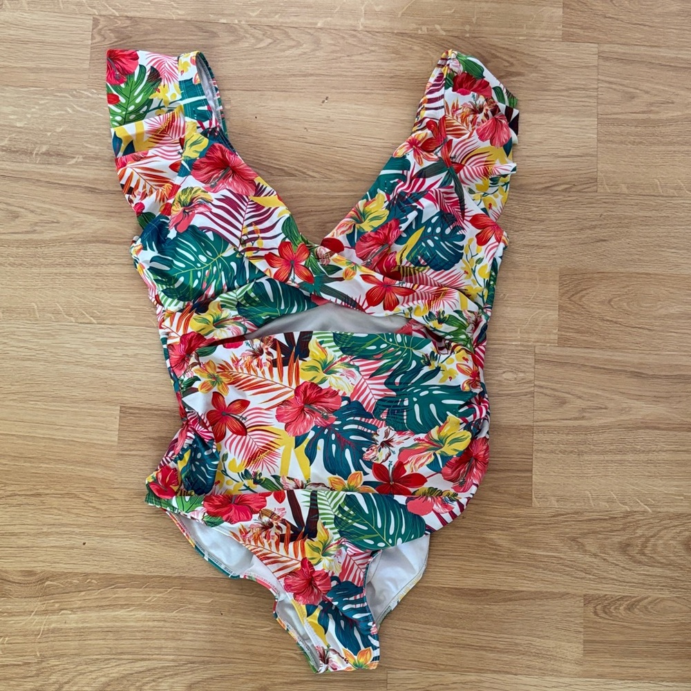 Tropical one piece ruched cut-out swimsuit-2XL